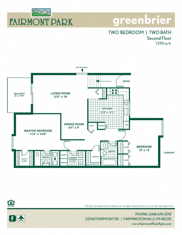 Floor plan for 2 beds, 2 baths, 1250 sqft